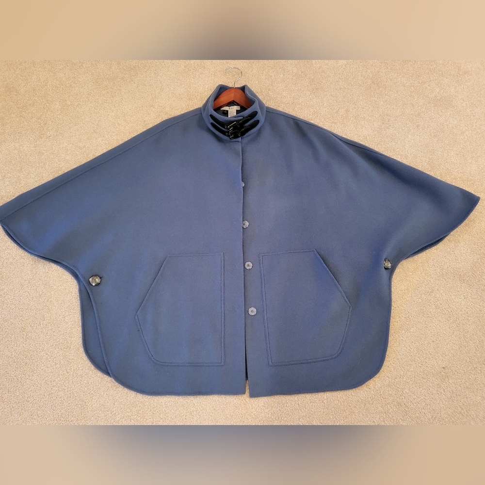 Per Se Ladies M Wool Cape Coat in a rich blue color with snap buttons.